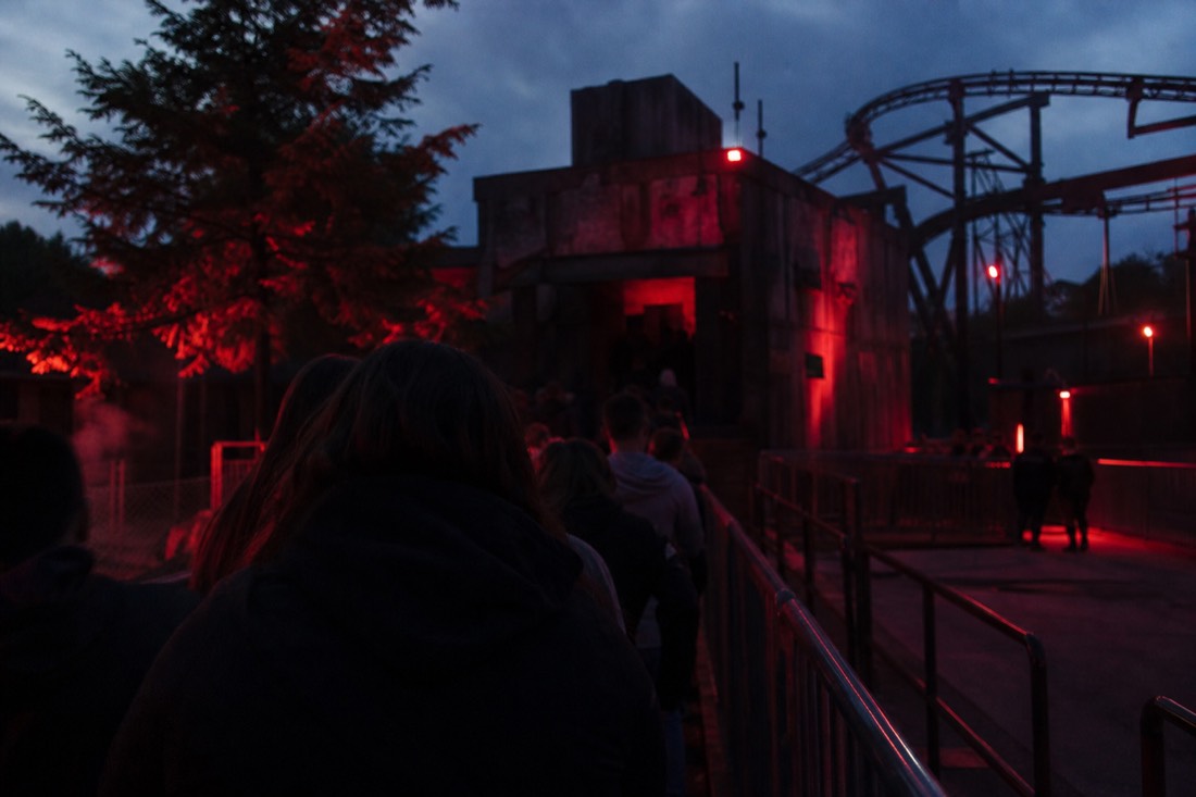 Queue area outside the horror attraction at dusk at Fuji-Q Highland