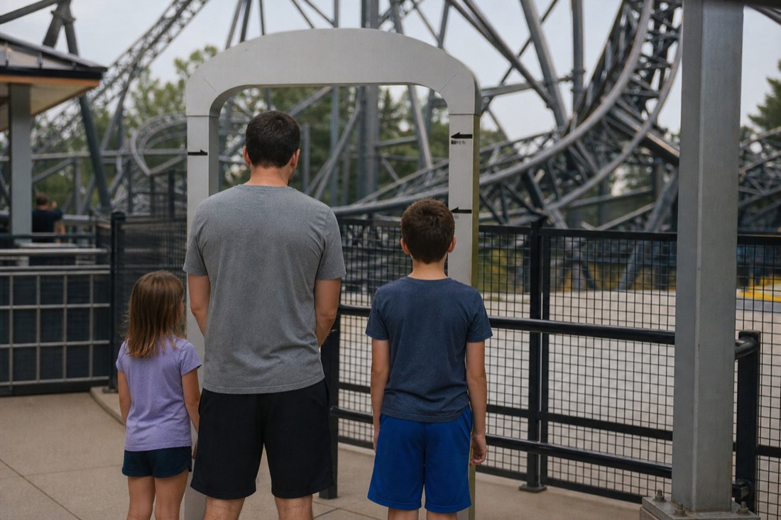 Family pausing at a ride-entrance measuring arch at Fuji-Q Highland