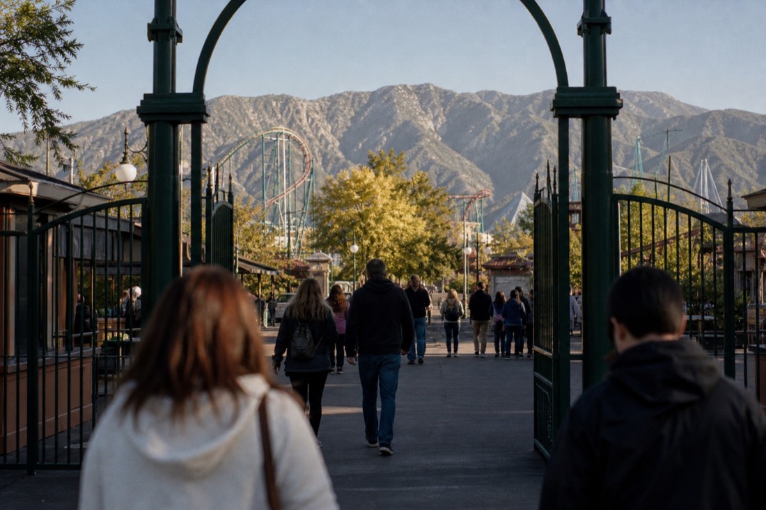 Fuji-Q Highland entrance gates at the 9am opening, early visitors walking in
