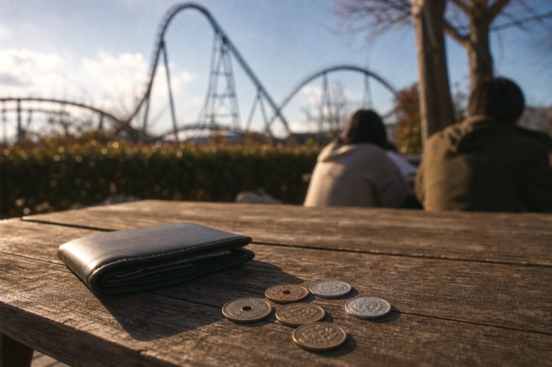 Yen coins and a slim wallet on a park table with a Fuji-Q Highland roller coaster looping in the background, budgeting the day's extra costs