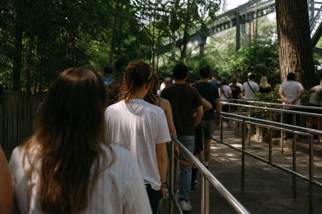 Switchback queue rails at a popular Fuji-Q Highland coaster