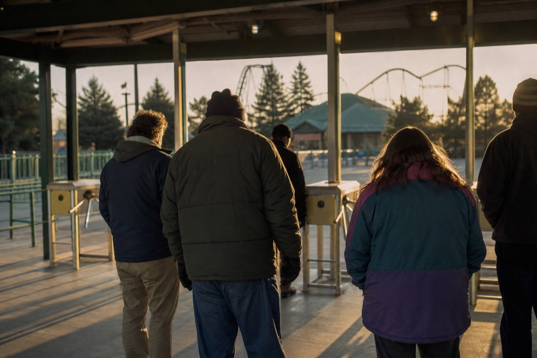 Small group of early visitors waiting at a theme-park entrance gate in soft morning light before opening