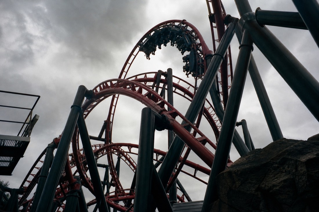 Tangled inverting coaster track like Eejanaika seen from below