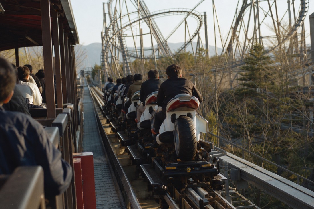 Motorbike-style coaster train like ZOKKON on its launch straight