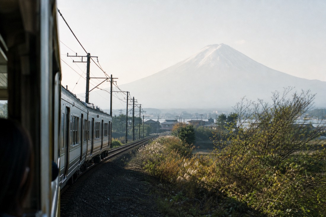 Local train on the Fujikyuko line with Mount Fuji ahead